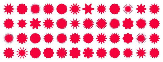 Starburst badge or promotional label set. Retro red wavy edge circle stickers, price promo tags, discount or special offer design emblems. Empty vintage sale star burst callouts or sunburst symbols. vector