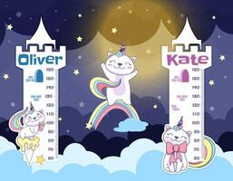 Flat kids height chart with cute caticorn. Child growth wall meter with unicorn cat, happy kitty on sky clouds and rainbow. Measuring ruler children, growth scale for kindergarten or nursery design. vector