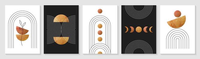 Zen arch posters. Modern boho linear geometric shapes, minimal simple figures. Set of covers, minimalist abstract wall art with sun, moon phases, golden contemporary elements in trendy bohemian style. vector