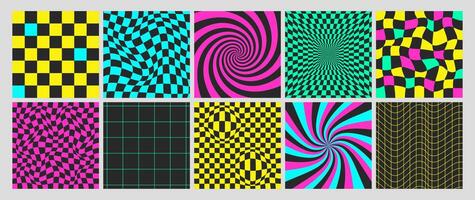 Square psychedelic checkerboard acid backgrounds with warped grid tile, spiral and swirls. Checkered seamless geometric patterns in groovy y2k style. Distorted chessboard covers with distortion effect vector