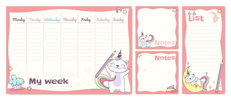 Flat school timetable template for pupil kids with cute unicorn cat character. Children schedule with notes and to do list. Weekly and daily planner, week organizer with magic caticorn on moon, cloud. vector