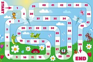 Family board game for children. Kids play boardgame with path and numbers on green meadow, start and finish sign, flowers, bugs, ant, ladybug and grasshopper. Cartoon illustration. vector