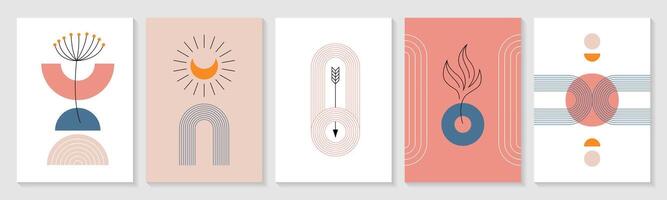 Set of zen arch posters with minimalist nordic boho elements. Modern graphic wall art decor with geometric linear, organic natural shapes, simple figures and moon in pastel colors. Bohemian covers. vector