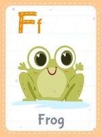 Alphabet flashcard with letter F. Cartoon cute frog animal picture and english word on flash card for children education. School memory cards for kindergarten kids flat illustration. vector