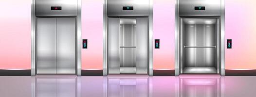 Modern passenger elevator with button panel on wall and glossy floor. Office hallway, empty lobby interior with lift with open, half closed and close metallic cabin doors realistic illustration vector