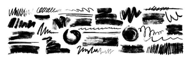 hand drawing doodle charcoal strokes, scribbles and curly lines. Crayon squiggles, black sketches and wavy underlines element set. Abstract simple shapes and chalk strips with pencil texture. vector