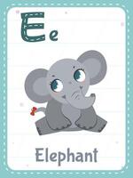 Alphabet flashcard with letter E. Cartoon cute elephant animal picture and english word on flash card for children education. School memory cards for kindergarten kids flat illustration. vector