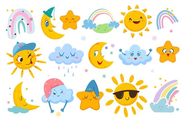 Flat weather set with cute sun, sleep moon, colorful rainbow, funny clouds and sweet stars isolated on white background. stickers icons with happy emotions. Childish characters for kids.
