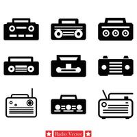 Retro Radio Silhouette Graphics Nostalgic Wireless Device Icons, Ideal for Vintage Themed Artwork and Design Projects vector