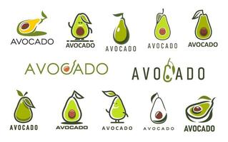 aguacate granja, jugo y petróleo iconos, vegetal comida vector