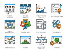 web auditoría iconos, sitio web análisis, contenido clasificación vector