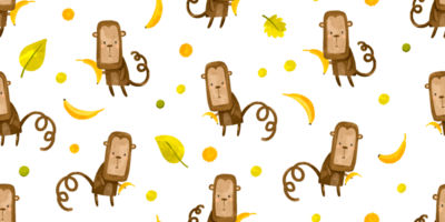 Seamless pattern with cartoon monkeys with banana, leaves. Lianas and jungle. Children's hand drawn illustration on isolated background. Ideal background for textiles and prints png