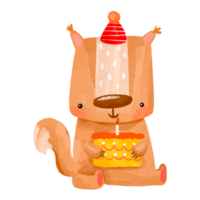 süß Eichhörnchen feiern Geburtstag mit Kuchen. glücklich Geburtstag. Kind Illustration auf isoliert Hintergrund png