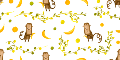 senza soluzione di continuità modello con cartone animato scimmie con un' Banana vicino il viti. natura giungla. figli di mano disegnato illustrazione su isolato sfondo. ideale sfondo per tessile e stampe png