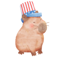 Cute cartoon capybara wearing american tall hat perfect for independence day, watercolor, isolated png