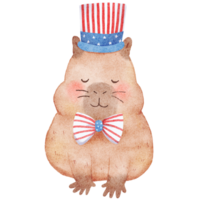 Cute cartoon capybara wearing american tall hat perfect for independence day, watercolor, isolated png