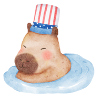 Cute cartoon capybara wearing american tall hat perfect for independence day, watercolor, isolated png