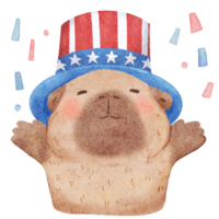 Cute Cartoon capybara wearing american hat cerebrating independence day, 4th july, joyful, watercolor isolated png