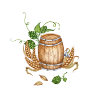 Watercolor illustration of a wooden barrel with hops, ears of wheat for beer and other alcoholic drinks. Isolated from the background. Suitable for interior design, menus, product packaging. png