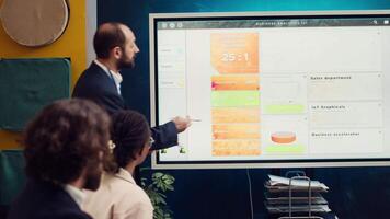 Sales manager creates a presentation to pitch in a new strategy for development, using interactive board to make his staff members understand the objectives. Business planning meeting. Camera A. video