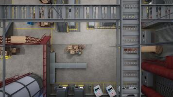 Top down view of rows of computerized machines in warehouse, 3D rendering. CNC machinery hardware used for automatization processes in industrial plant, aerial drone shot video