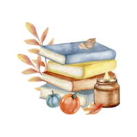 apilar de libros, vela, pequeño decorativo calabazas y naranja hojas acuarela clipart. mano dibujado calentar otoño ilustraciones, hogar decoración png