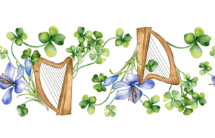 sömlös gräns med saffran och klöver vattenfärg illustration. målad celtic harpa och blommor. hand dragen irländsk symbol. design element för St Patrick dag, webb baner, omslag. png