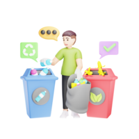 3d personnage illustration tri biologique et non biologique déchets pour recyclage png