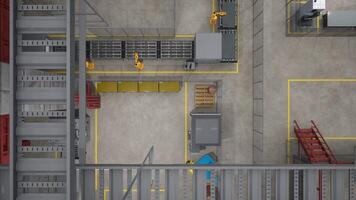 instalaciones con filas de industrial máquinas, fabricación transportador cinturones y robótico brazos, parte superior abajo vista. cnc maquinaria y montaje líneas en moderno depósito, 3d hacer zumbido Disparo video