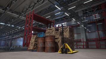 Industrial warehouse with wooden crates, rusted barrels, and yellow pallet jack used in supply handling distribution processes. Manufacturing facility used for goods production and storage, 3D render video