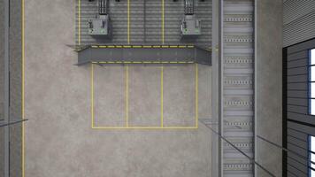 top naar beneden visie van geautomatiseerd fabriek met transportband riemen vervoeren vervaardigd producten, 3d weergave. bijeenkomst lijnen en metaal balken in hoog tech logistiek depot, antenne dar schot animatie video