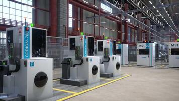 Facility with rows of industrial machines used for processing tasks, with green and orange led lights showing level of completion, 3D rendering. CNC machinery in modern manufacturing warehouse video