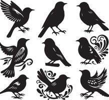 Set of sharp and realistic black sparrow bird silhouettes vector