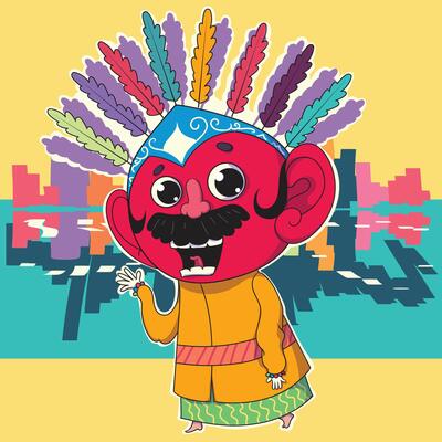 Ondel-ondel doll from Jakarta with a happy face on an urban abstract background.