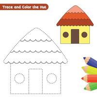 hut tracing and coloring page for kids with colorful drawing vector