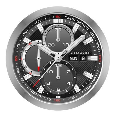 Realistic watch clock dashboard silver black face red arrow white number on isolated design classic luxury fashion for men