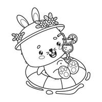 Happy bunny girl with cocktail swims on rubber circle. Animal outline kawaii character. Line drawing, coloring book vector