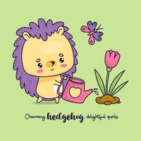 Cute hedgehog gardener. Cartoon animal with butterfly and garden watering can waters flower. illustration. Funny kawaii animal character. Kids collection. vector