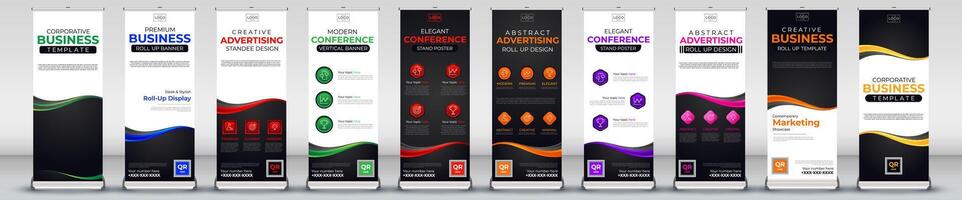 Creative modern Roll up banner collection for business events, marketing presentations, pull up banners for x stands with print ready colours vector