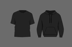 Basic black male t-shirt mockup. Front and back view. Blank textile print template for fashion clothing. vector