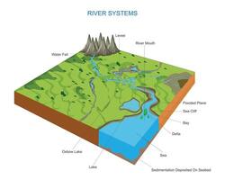 River systems and drainage basin educational structure illustration. Geological description with water flow from source to sea. Labeled scheme with levee, delta and oxbow. vector