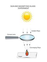 Magnifying glass and sun experiment. Convex lens creates a focal point and that generates heat. vector