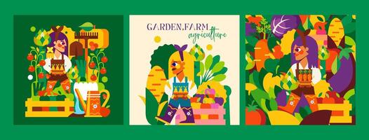 Garden, farm and agriculture. 3 bright illustrations of gardeners, farmers, nature and a bountiful harvest. Great for advertising, poster, background or card. vector