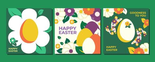 3 abstract templates for happy Easter day. Bright, spring design with bunnies, flowers and Easter eggs. The design conveys a festive mood and the arrival of warm spring vector