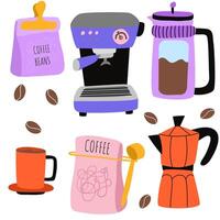 Set of coffee machine, coffee bean packaging, french press, moka pot, cup, kettle icons. Icon collection for menu, coffee shop. Hand drawn modern illustration vector