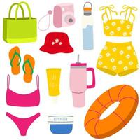 Set of summer elements, travel, beach, summertime accessory. Surfboard, swimsuit, panama hat, water bottle, sunscreen, flipflops, beach bag, cap, body cream,lifebuoy. vector