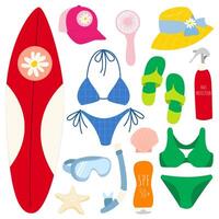 Set of summer elements, travel, beach, summertime accessory. Surfboard, swimsuit, panama hat, water bottle, sunscreen, flipflops, beach bag, cap, body cream,lifebuoy. vector