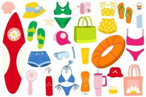 Set of summer elements, travel, beach, summertime accessory. Surfboard, swimsuit, panama hat, water bottle, sunscreen, flipflops, beach bag, cap, body cream,lifebuoy. vector