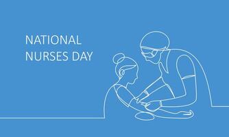 Banner National Nurses Day. A healthcare worker gives an injection to a patient. Medical procedure. Text, inscription. linear illustration on blue vector