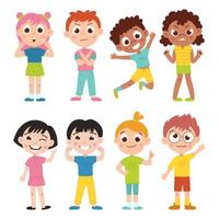 conjunto de para niños expresiones de emociones diferente personaje, diversidad, multinacionalidad. plano lineal dibujos animados ilustración aislado vector